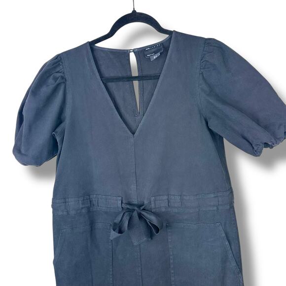 ASOS Design Soft Black Denim V-Neck Puff Sleeve Tie Waist Wide Leg Jumpsuit - Picture 4 of 8